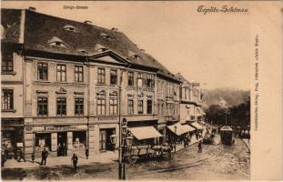 Teplice, Teplitz-Schönau; Königs-Strasse / street view, tram, shops of Adolf F. Laufer, Propper (fl)
