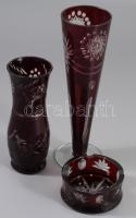 3 db bíborpácolt kristály váza, hamus 23 cm ig