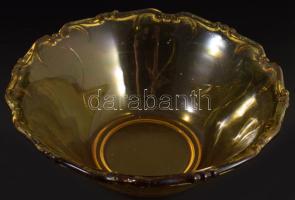 2 db borostyánszínű üveg: Tál d: 22 cm, csiszolt dugós üvegcse. 18 cm