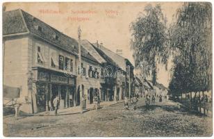 1909 Szászsebes, Mühlbach, Sebesul Sasesc, Sebes; Petrigasse / Petri utca, Josef Baumann üzlete. J. Hientz kiadása / street view, shops (fl)