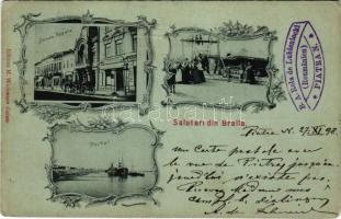 1898 Braila, Strada Regala, Portul / street view, shops, port. Edit. H. Wichmann Art Nouveau, floral (crease)