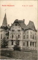 1911 Menyháza, Monyásza, Moneasa; Cs.E.V. nyaraló, villa. Patkó Vilmos amateur felvétele (Borossebes) / villa + "BOROSSEBES P.U." "ARAD - BRAD 69." vasúti mozgóposta bélyegző (EK)