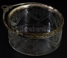 Szecessziós kínáló, csiszolt üveg, fém szerelékkel, d: 12 cm