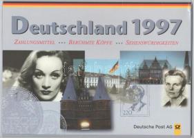 Németország 1997A 1pf-5M "Deutsche Post" hivatalos forgalmi sor, bélyegekkel, karton dísztokban T:PP Germany 1997A 1 Pfennig - 5 Mark "Deutsche Post" official coin set with stamps, in cardboard case C:PP