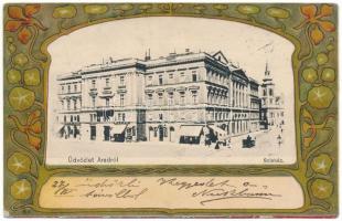 1903 Arad, Színház, bazár, üzletek, temetkezési intézet. Réthy L. és Fia kiadása, szecessziós-virágos litho keret / theatre, bazaar, shops, funeral company. Art Nouveau, floral litho frame (kopott sarkak / worn corners)
