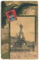 1902 Arad, Vértanú szobor, Löwy Herman üzlete. Szecessziós litho keret címerrel / martyrs' monument, shops. Art Nouveau litho with coat of arms (b)
