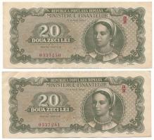 Románia 1950. 20L (2x) sorszámkövetők "G/2 0337250 - G/2 0337251" T:VF,F szép papír Romania 1950. 20 Lei (2x) consecutive serials "G/2 0337250 - G/2 0337251" C:VF,F fine paper Krause 84.