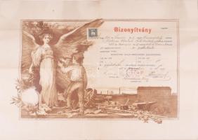 1909 Hódmezővásárhely, géplakatos bizonyítvány (segédlevél) 1K okmánybélyeggel, hajtva, 37x50 cm