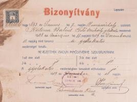 1909 Hódmezővásárhely, géplakatos bizonyítvány (segédlevél) 1K okmánybélyeggel, hajtva, 37x50 cm