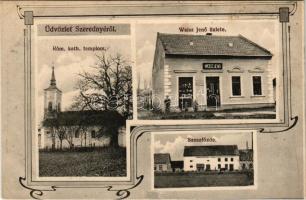 Szerednye, Seredné, Serednie; Római katolikus templom, Mermelstein Mór és Társai mezőgazdasági szeszfőzdéje, Weisz Jenő üzlete. Szilágyi Arthur műintézetéből / Catholic church, distillery, shop. Art Nouveau (fl)