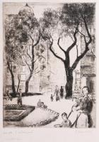Pohárnok Zoltán (1905-1976): Erzsébet tér, Budapest. Rézkarc, papír, jelzett, I. próbanyomat, 29,5x21,5 cm