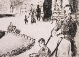 Pohárnok Zoltán (1905-1976): Erzsébet tér, Budapest. Rézkarc, papír, jelzett, I. próbanyomat, 29,5x2...