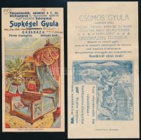 2 db orosházi számolócédula: Supkégel Gyula asztalosmester bútorraktára, Csomós Gyula paplan és zászló gyár Orosháza