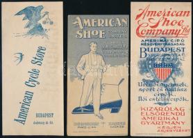 3 db amerikai termékeket reklámozó számolócédula: American Cycle Store, American Shoe Company Ltd. (Amerikai Cipő Rt.) Budapest