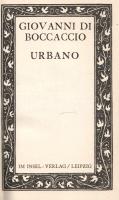Boccaccio, Giovanni di:  Urbano. Übertragen von Albert Wesselski. [Lipcse] Leipzig, (1913). Insel-Verlag (Spammerschen Buchdruckerei). [4] + 85 + [1] p. Bibliofil kötetünk kolofonja: "Aus dem italienischen übertragen von Albert Wesselski. Den Rahmen des Titels und den Einband zeichnete Walter Tiemann". Kötetünk az "Urbano" címen írt reneszánsz elbeszélést teszi közzé, mely egyes vélemények szerint Boccacciótól származik; a szakértők nem értenek egyet a kérdésben. Bibliofil kötésű példányunk míves kötését viszont bizonyosan Walter Tiemann tervezte, a XX. század első felének meghatározó német könyvművésze, az Insel-Verlag, a Hyperion Verlag, az Ernst Rowolht Verlag és más német bibliofil kiadók arculatának kialakítója. Díszesen aranyozott gerincű kiadói bőrkötésben, körben aranyozott lapszélekkel. Jó példány.