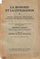 Lukács György (szerk.):  La Hongrie et la civilisation. Histoire, géographie, ethnographie, constitution et rapports internationaux. Rédigé avec la collaboration de plusieurs auteurs francais et hongrois, par Georges Lukács. Préface de Jérome et Jean Tharaud. Avec 3 cartes et 29 planches hors texte. Paris, 1929. La Renaissance du Livre [ny. n.] 430 p. + 29 t. + 3 térkép. Egyetlen kiadás. A trianoni döntéssel megcsonkított Magyarország kormányképes kulturális elitje az 1920-as évek végétől diplomáciai offenzívába kezdett annak érdekében, hogy a külföld számára bebizonyítsa az ország gazdasági életrevalóságát, kulturális értékéit és egyedülálló néprajzi karakterét, ennek megfelelően pedig revíziós törekvéseinek jogosságát. A Lukács György (1865-1950) jogász, politikus, volt vallás- és közoktatásügyi miniszter, diplomata által szerkesztett tanulmánykötetben történelmi, etnográfiai, demográfiai, alkotmánytörténeti és diplomáciai cikkek találhatók. A bevezető történelmi esszén túl kötetünk további történelmi tanulmányokban tisztázza Magyarország keresztény és antibolsevista karakterét is. A mű végén hosszabb tanulmányok a magyar-francia, a magyar-angol, a magyar-német, a magyar-olasz és magyar-amerikai kulturális kapcsolatokról. Kötetünk iniciáléit és könyvdíszeit Reiter László grafikusművész rajzolta. Az első nyomtatott oldalon és a címoldalon régi tulajdonosi bélyegzés. Fűzve, feliratozott, sérült gerincű, kissé hiányos kiadói borítóban. Körülvágatlan példány.