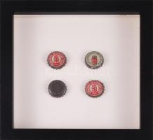 cca 1930-40 össz. 4 db Kőbányai sörös kupak, részben kopott, dekoratív üvegezett keretben, 22x22 cm