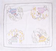 Kézzel hímzett, női alakokkal díszített terítő, cca 85x80 cm