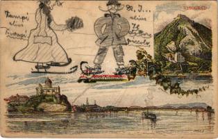 Esztergomi bazilika, Visegrádi vár, gőzhajó, saját kezű rajzokkal. Ezredéves Országos Kiállítás. litho s: Dörre T., Morelli + barna 2 Kr. Ga. (szakadás / tear)