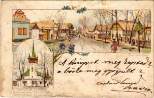 1900 Budapest XIV. Városliget, Ezredéves Országos Kiállítás, Magyar utca és a templom, Posner és Fia. litho s: Cserna + barna 2 Kr. Ga (szakadások / tears)