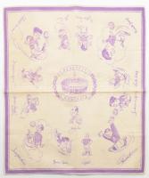 1954 Az Aranycsapat tagjait karikatúra formájában ábrázoló grafikával díszített textilzsebkendő, a Magyarország-Anglia meccs után kiadott emléktárgy, 40×40 cm