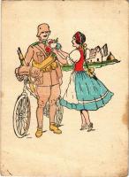 Bevonulás, katonai kerékpárral. Kiadja a Délvidéki Egyetemi és Főiskolai Hallgatók Egyesülete / WWII Hungarian military art postcard, soldier with bicycle, entry of the Hungarian troops, folk costume, irredenta propaganda (fl)