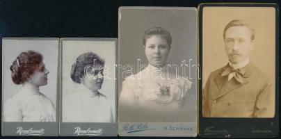 cca 1890-1915 Négy db keményhátú fotó, közte 2 db mignon, Rembrandt, Kozmata és Roth Béla műtermeiből, 8×4,5 és 10,5×6,5 cm