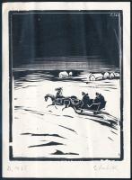 Gáborjáni Szabó Kálmán (1897-1955): Lovasszán. Fametszet, papír, jelzett. Hajtásnyomokkal, lapszéli apró szakadással, 13×10 cm