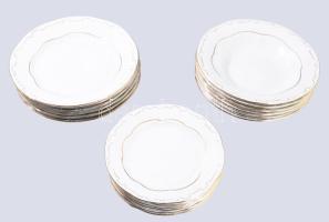 Zsolnay tollazott szélű aranyvonalazott 18 részes tányér készlet. 6 darab mély, 6 darab süteményes, 6 darab nagytányér, jelzett, hibátlan, d: 24 cm alatt