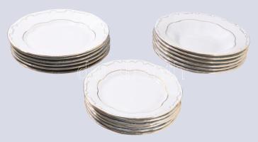 Zsolnay tollazott szélű aranyvonalazott 18 részes tányér készlet. 6 darab mély, 6 darab süteményes, ...