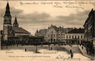 1902 Kecskemét, Piactér, Városháza, templom, gyógyszertár, Bóka Zsigmond, Rosenfeld, Pollak Lajos, Schwarz Soma üzlete és saját kiadása (fa)