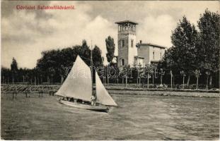 Balatonföldvár, Balaton part, villa, vitorlás. Gerendai Gyula kiadása (EK)