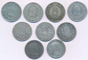 1796-1835. Kilenc darabos magyar és osztrák krajcár tétel, mindegyik 20kr névérték és különféle évjá...