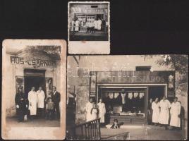 cca 1920-1930 Hentes-mészáros üzleteket ábrázoló fotók, 3 db, változó állapotban, 7x6 cm és 11,5x16,5 cm között