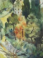 Olvashatatlan jelzéssel: Sétálók. Akvarell, papír. Dekoratív, üvegezett, sérült fakeretben. 38x28 cm