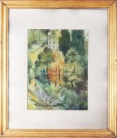 Olvashatatlan jelzéssel: Sétálók. Akvarell, papír. Dekoratív, üvegezett, sérült fakeretben. 38x28 cm