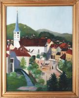 Sajó jelzéssel: Városka látképe alakokkal, 1918. Olaj, vászon. Proveniencia: Saphier-gyűjtemény. 57,5*45 cm. Dekoratív fakeretben.