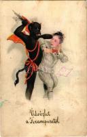 1928 Üdvözlet a Krampusztól / Krampus with wings and birch (r)