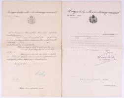 1916-1927 Melkner Gizella tanítónő 3 db irata: népiskolai tanítói kinevezés gróf Zichy János (1868-1944) vallás- és közoktatásügyi miniszter aláírásával (1918); áthelyezési okirat Szücs István, szül. Frankl Mózes (1867-1953) helyettes államtitkár, Antall József miniszterelnök anyai nagyapjának aláírásával (1927); elemi népiskolai tanítónői oklevél herceg Hohenlohe Károly Egon (1882-1971) és mások aláírásával (1916), sérült.