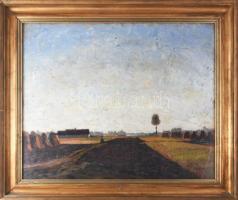 Mokos József (1892-1972): Csabai táj (Békéscsaba), 1949. Olaj, farost. Jelzett. Hátoldalán autográf felirattal és Képcsarnok Vállalat címkéivel. Dekoratív, üvegezett, kissé sérült fakeretben. 50x59,5 cm.