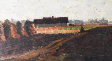 Mokos József (1892-1972): Csabai táj (Békéscsaba), 1949. Olaj, farost. Jelzett. Hátoldalán autográf ...