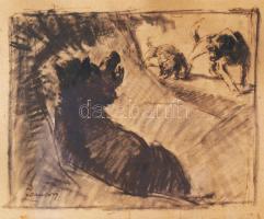 Zombory Lajos (1867-1933): Vaddisznó és vadászkutyák. Vegyes technika, papír, jelzett. Dekoratív, üvegezett, kissé sérült fakeretben, 18×22 cm