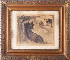 Zombory Lajos (1867-1933): Vaddisznó és vadászkutyák. Vegyes technika, papír, jelzett. Dekoratív, üv...