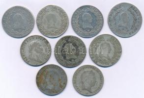1795-1848. Kilenc darabos magyar és osztrák krajcár tétel, mindegyik 20kr névérték és különféle évjá...