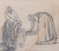 Rudnay Gyula (1878-1957): Alakok. Ceruza, papír, jelzett. Elszíneződéssel. Dekoratív, üvegezett, kissé sérült fakeretben, 17×18,5 cm