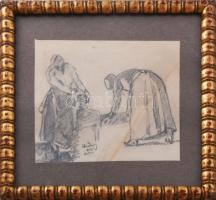 Rudnay Gyula (1878-1957): Alakok. Ceruza, papír, jelzett. Elszíneződéssel. Dekoratív, üvegezett, kis...