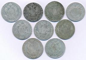 1802-1846. Kilenc darabos magyar és osztrák krajcár tétel, mindegyik 20kr névérték és különféle évjárat vagy verdejel, benne: 1802G, 1805B, 1806C, 1806B, 1809B, 1809G, 1815C, 1830B, 1846B T:XF-VF