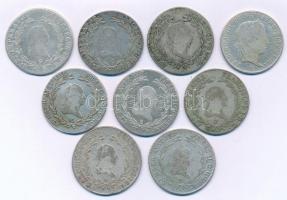 1802-1846. Kilenc darabos magyar és osztrák krajcár tétel, mindegyik 20kr névérték és különféle évjá...