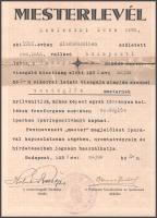 1939 Bp., a Budapesti Kereskedelmi és Iparkamara által kiállított vendéglős mesterlevél, 2P + 1Ft il...
