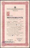 1939 Bp., a Budapesti Kereskedelmi és Iparkamara által kiállított vendéglős mesterlevél, 6Ft illetékbélyeggel, kissé sérült